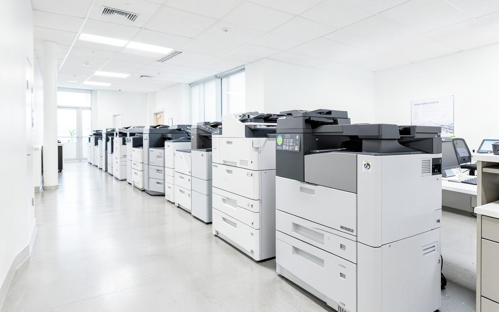 Row of office copiers and multifunction printers serviced by Melissario Co.