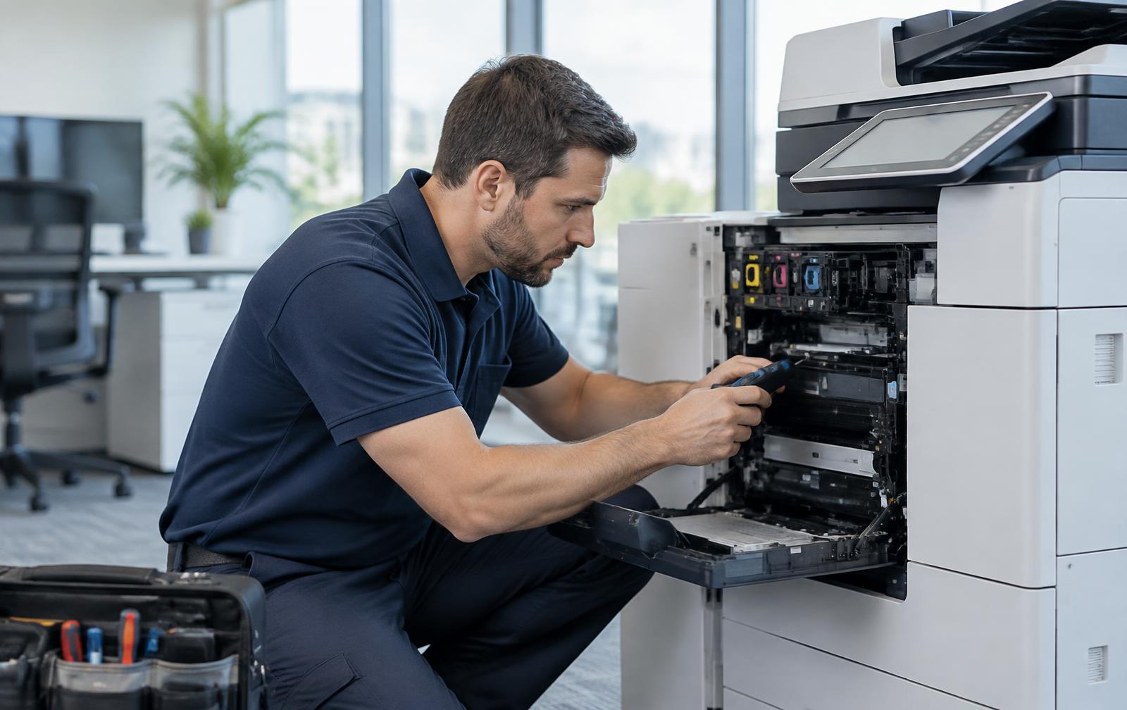 Melissario Co. technician repairing an office multifunction copier in Garland, Texas