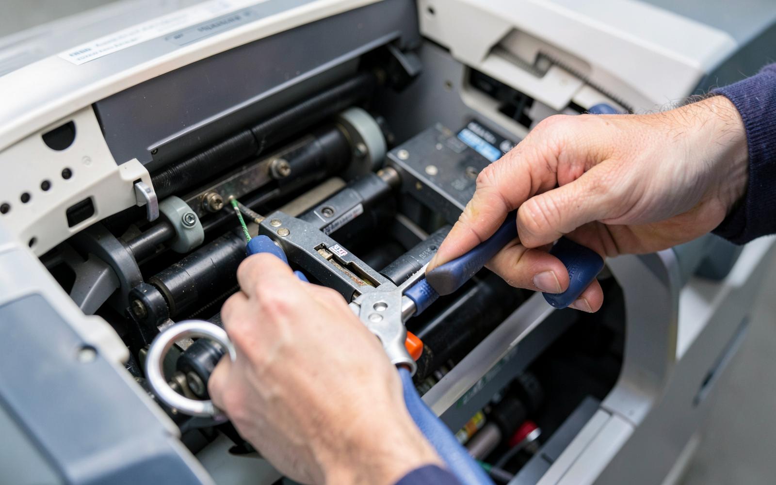 Close-up of a Melissario Co. technician servicing copier rollers and toner assembly